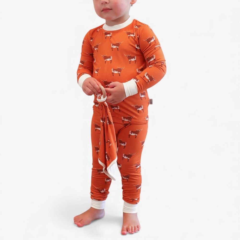 Southern Slumber Bamboo Longhorn Pajama Set Orange Kids 7/8 Western Lounge Comy